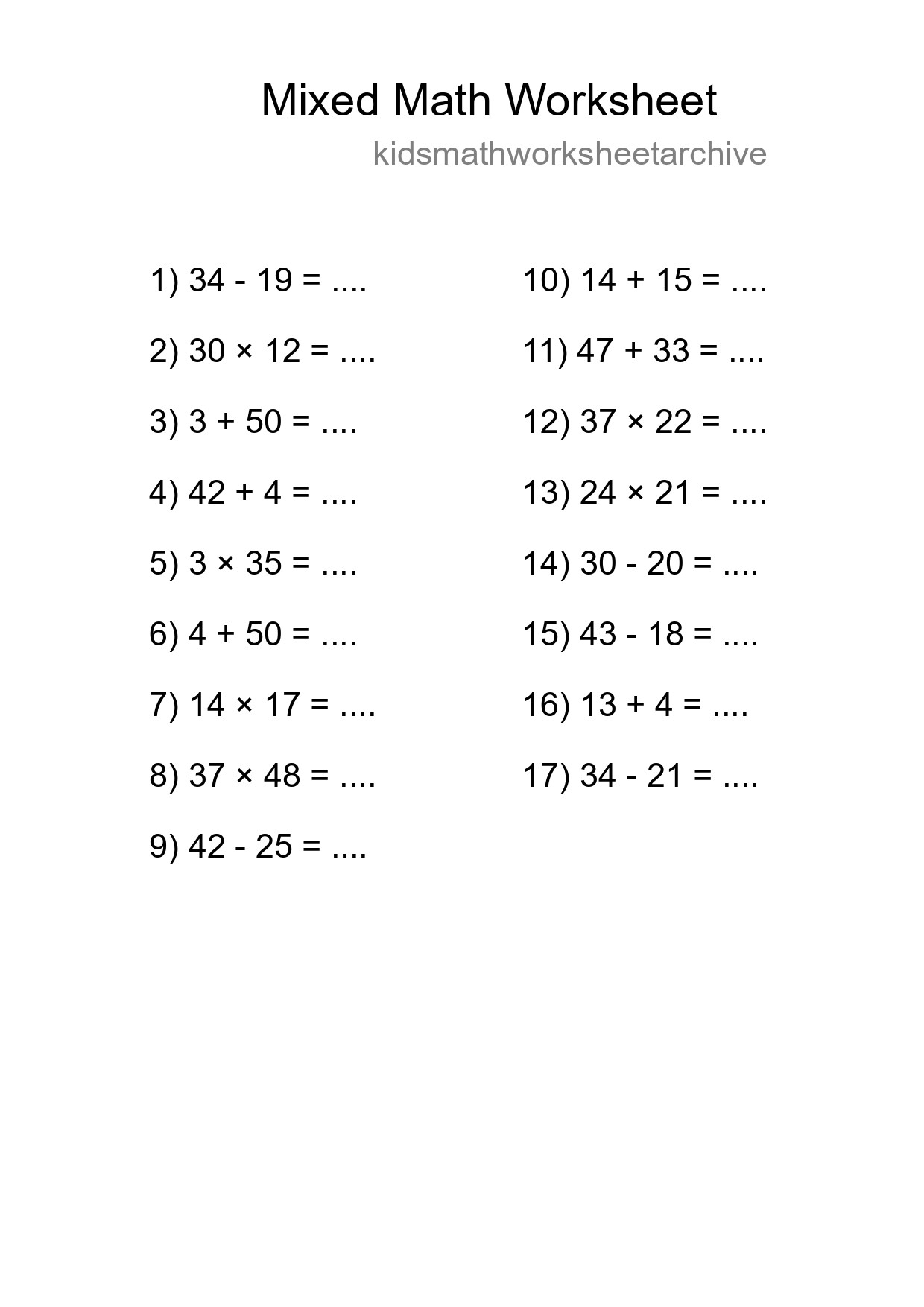 Mixed Operations Math Worksheet