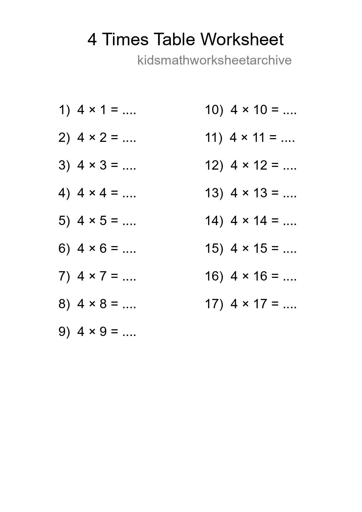 Printable 4 Times Table Worksheet For Grade 2 - Part 284
