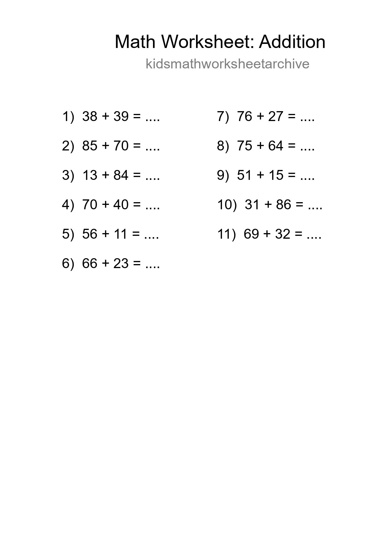 Printable Free 11 Addition Math Worksheet For Grade 3 - Part 265