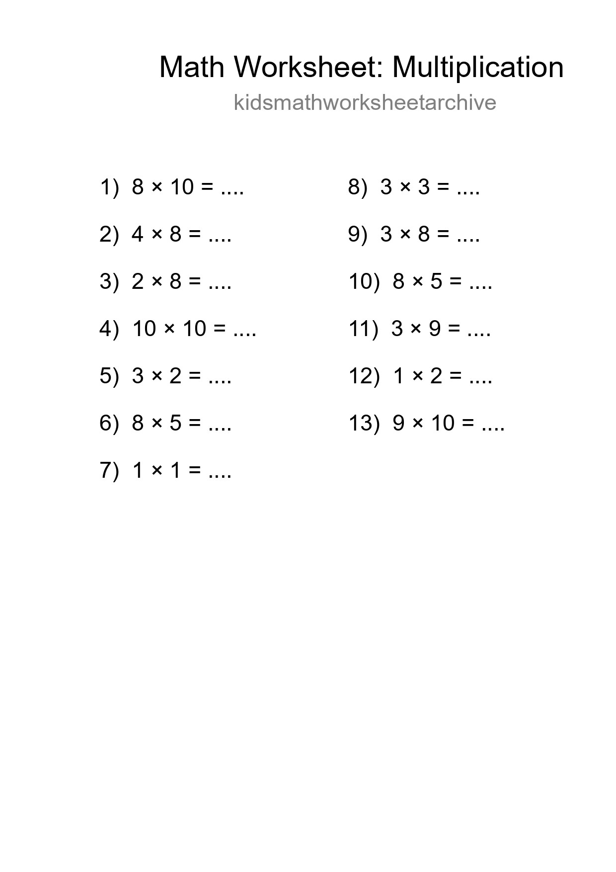 Printable Free 13 Multiplication Math Worksheet For Grade 1 - Part 73