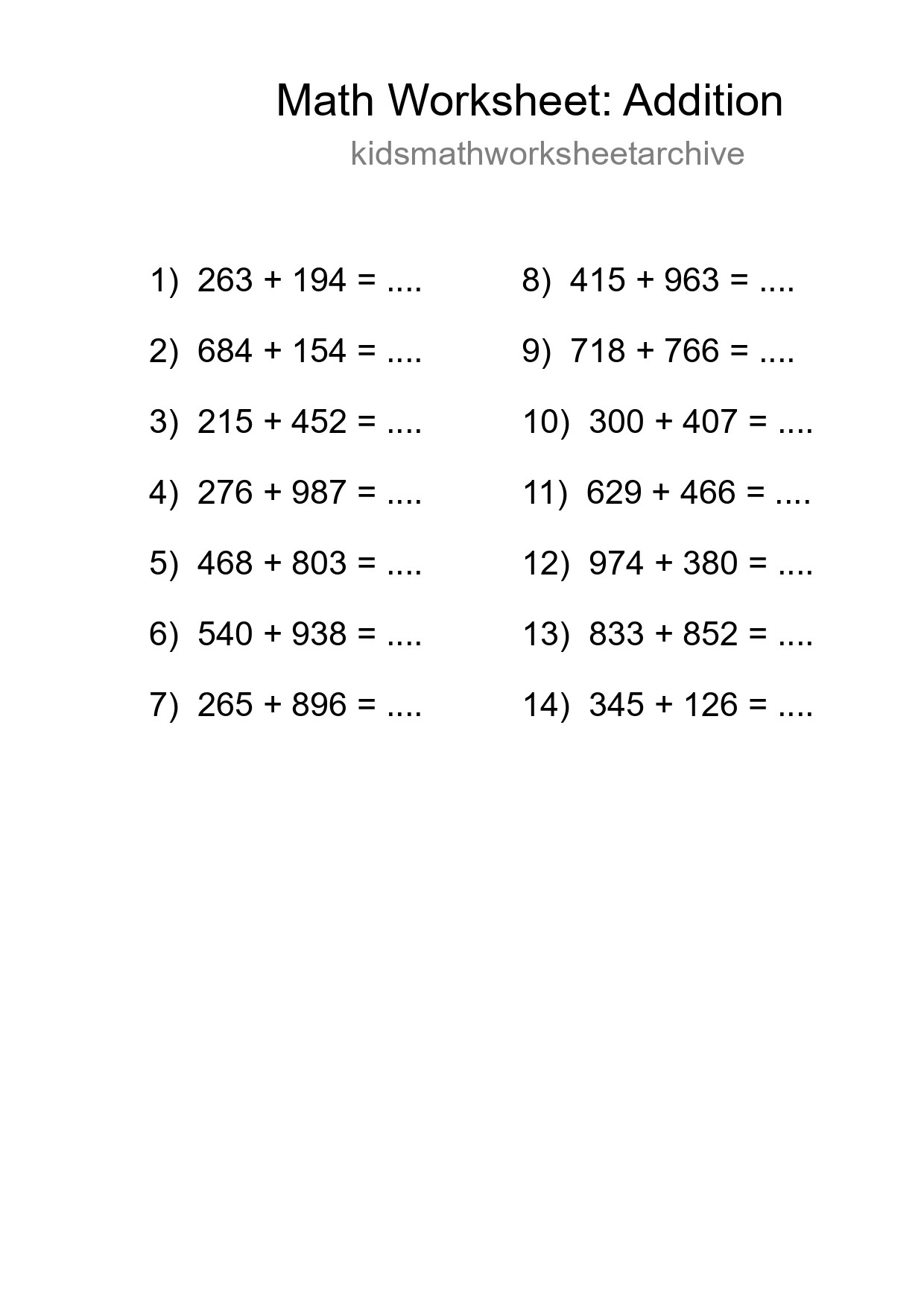 Printable Free 14 Addition Math Worksheet For Grade 5 - Part 56