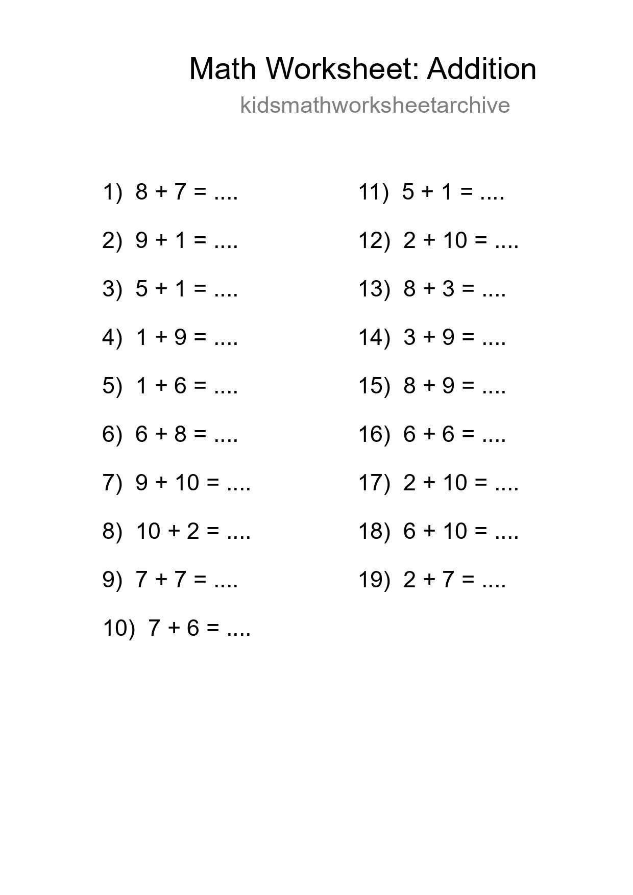 Printable Free 19 Addition Math Worksheet For Grade 1 - Part 287