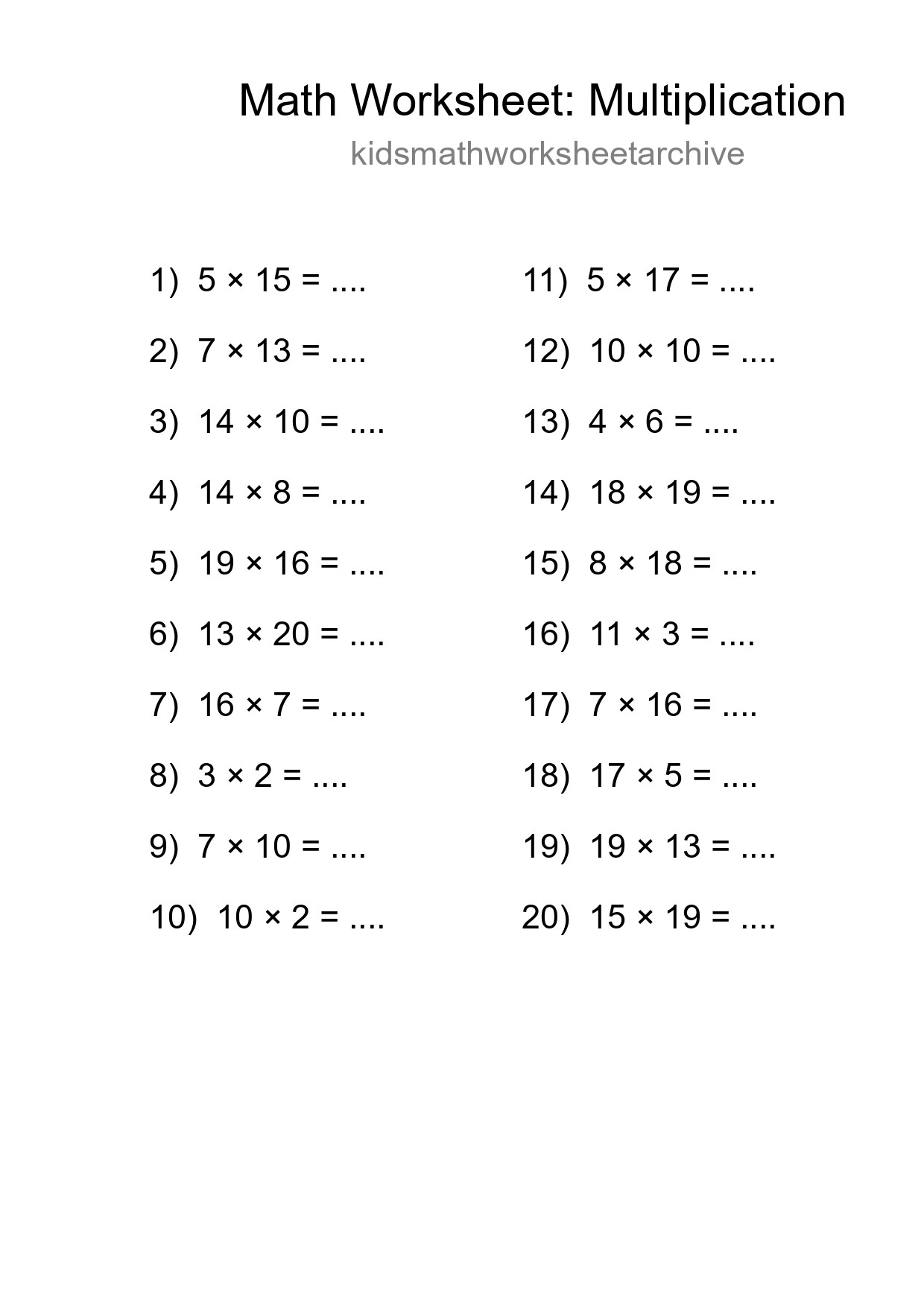 Printable Free 20 Multiplication Math Worksheet For Grade 2 - Part 238