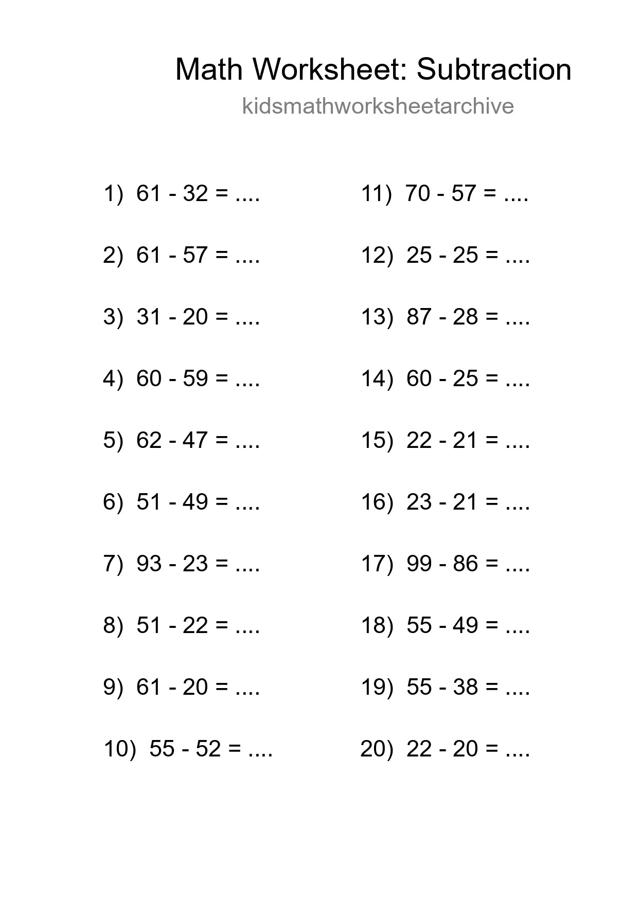Printable Free 20 Subtraction Math Worksheet For Grade 3 - Part 206