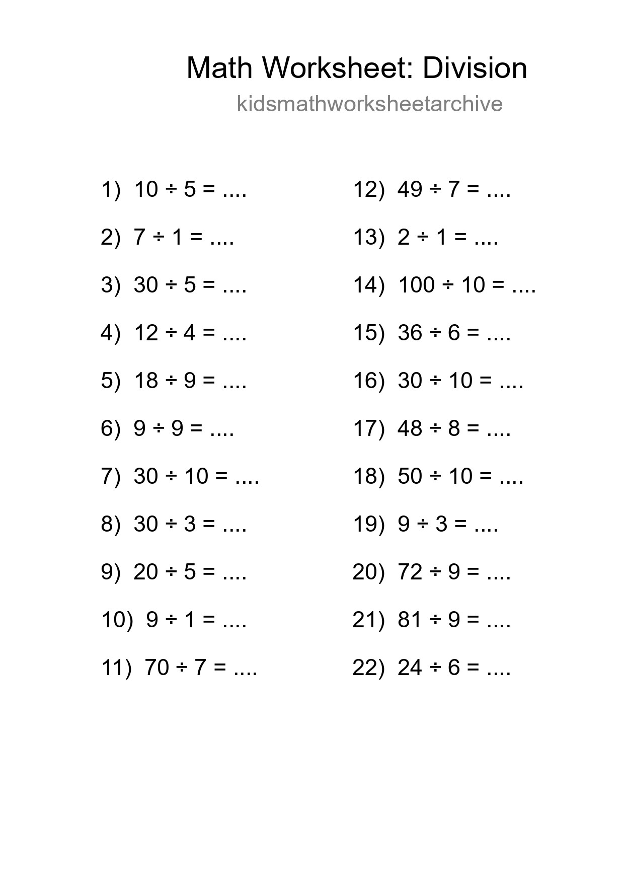 Printable Free 22 Division Math Worksheet For Grade 1 - Part 92