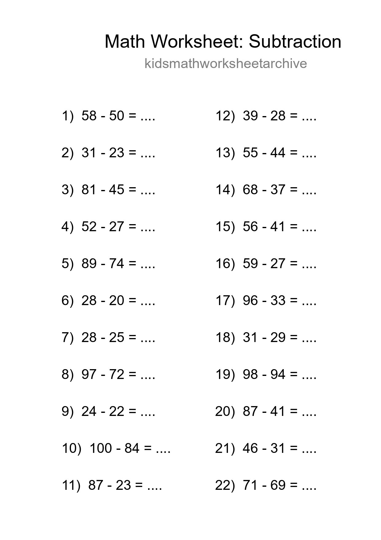 Printable Free 22 Subtraction Math Worksheet For Grade 3 - Part 283