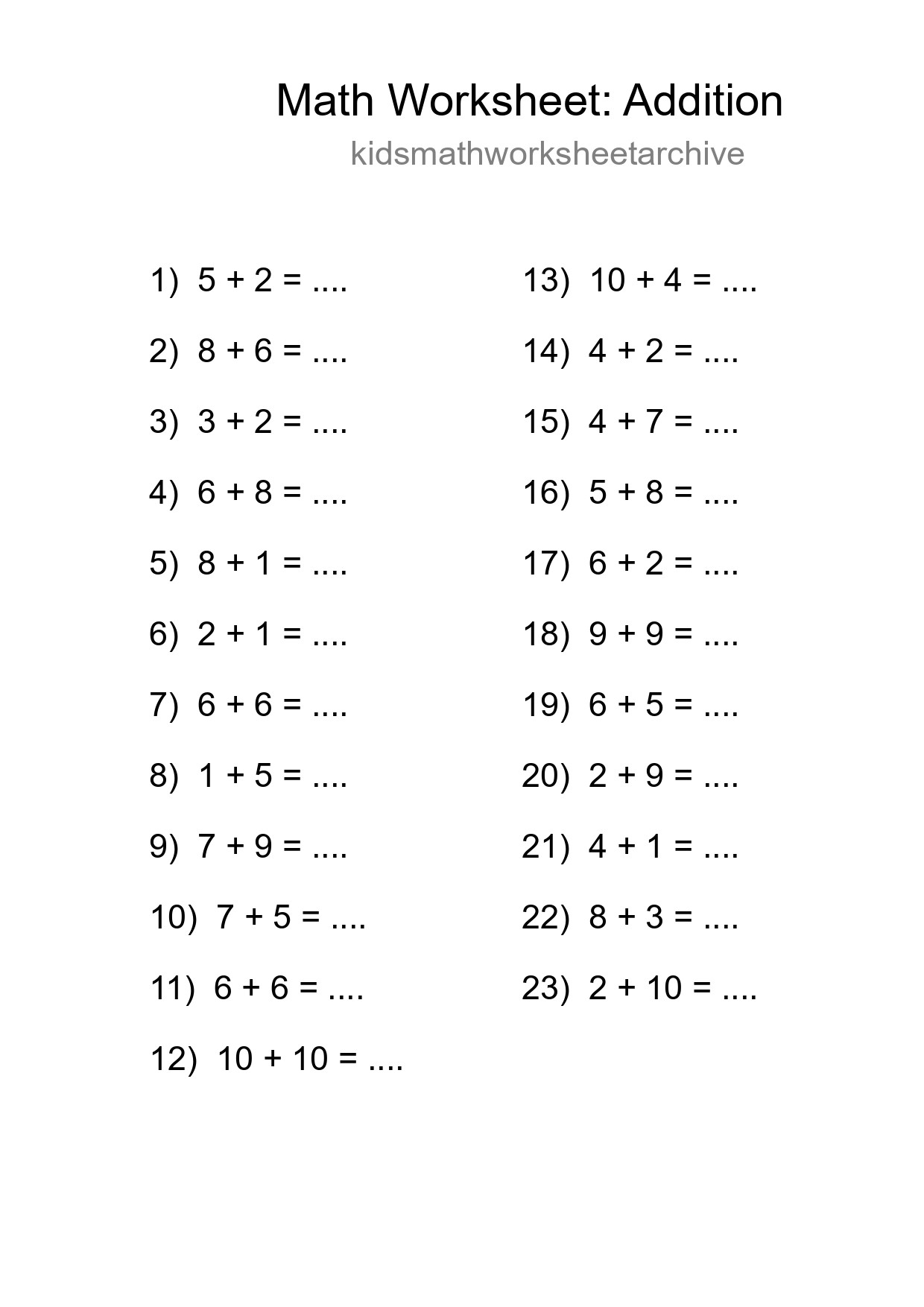 Printable Free 23 Addition Math Worksheet For Grade 1 - Part 232