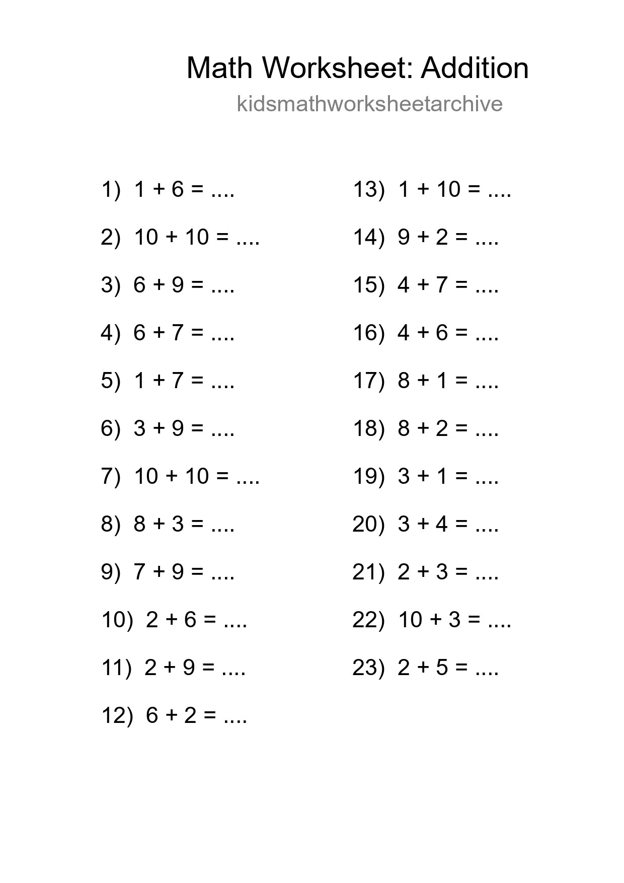 Printable Free 23 Addition Math Worksheet For Grade 1 - Part 89