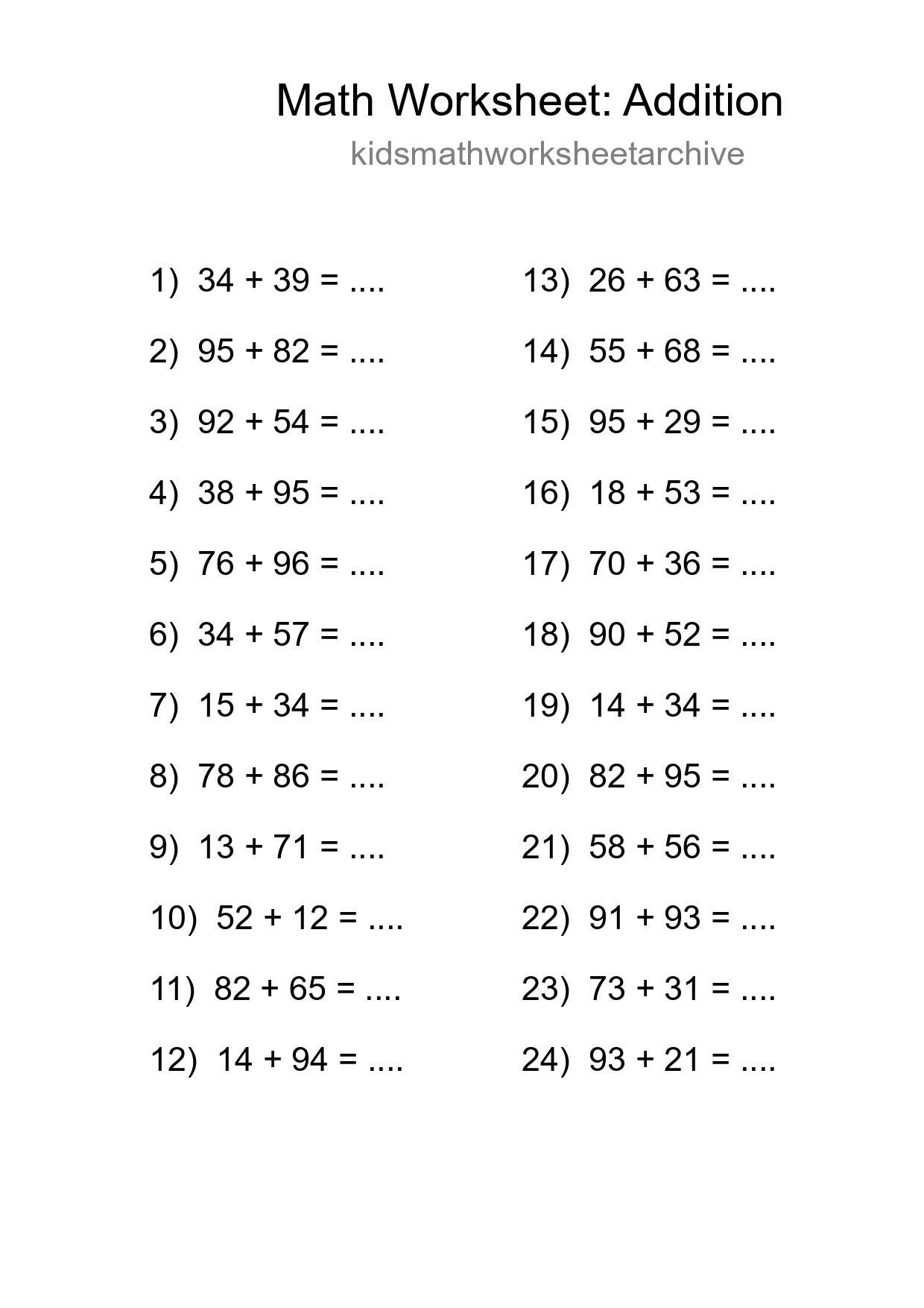 Printable Free 24 Addition Math Worksheet For Grade 3 - Part 111