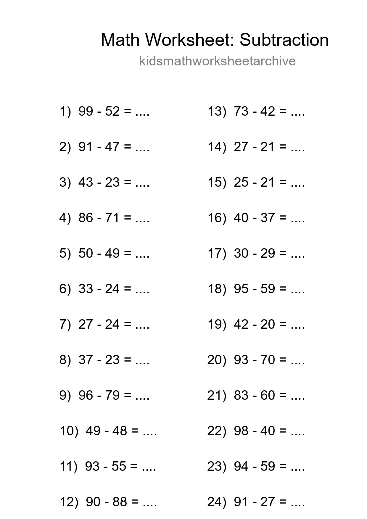 Printable Free 24 Subtraction Math Worksheet For Grade 3 - Part 8