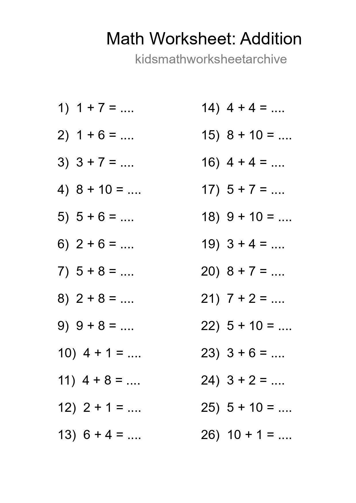Printable Free 26 Addition Math Worksheet For Grade 1 - Part 122