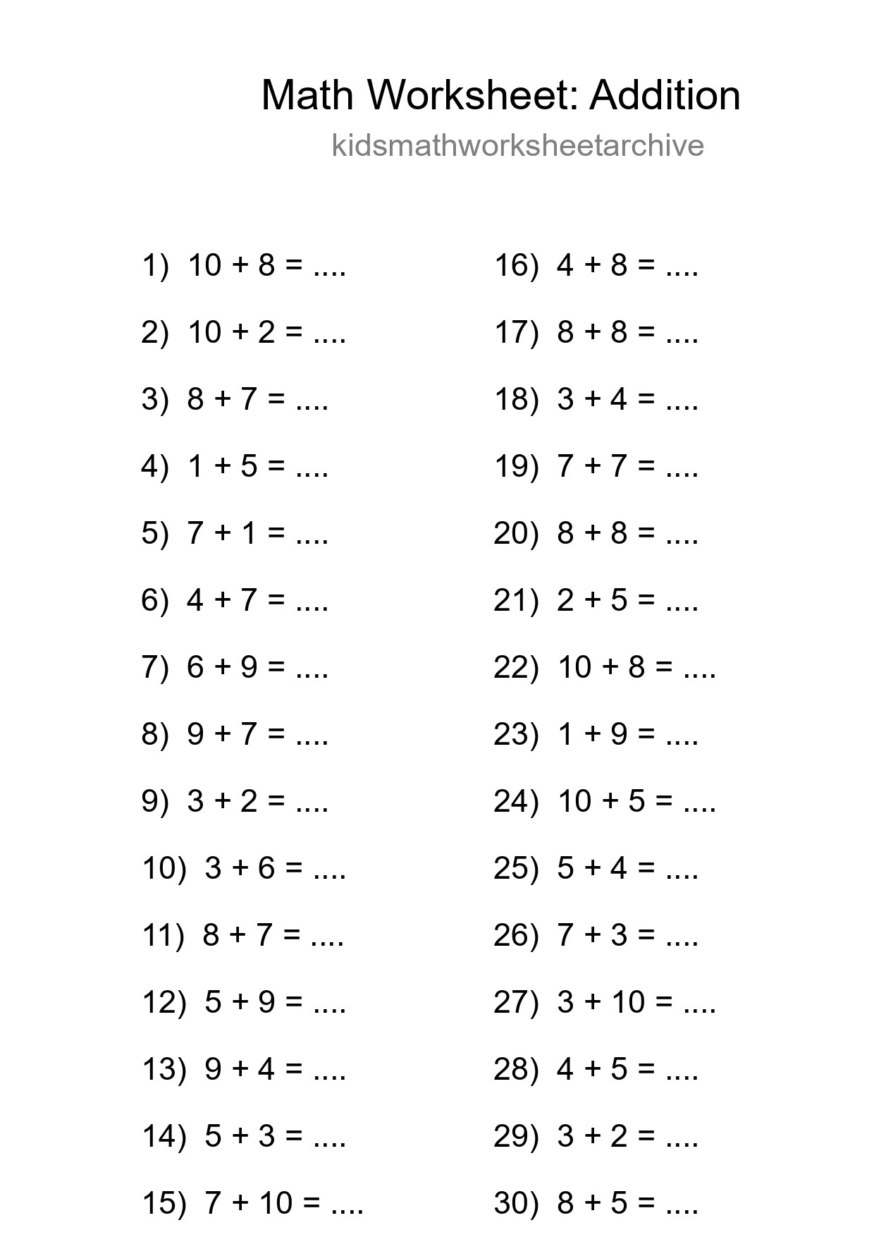 Printable Free 30 Addition Math Worksheet For Grade 1 - Part 144